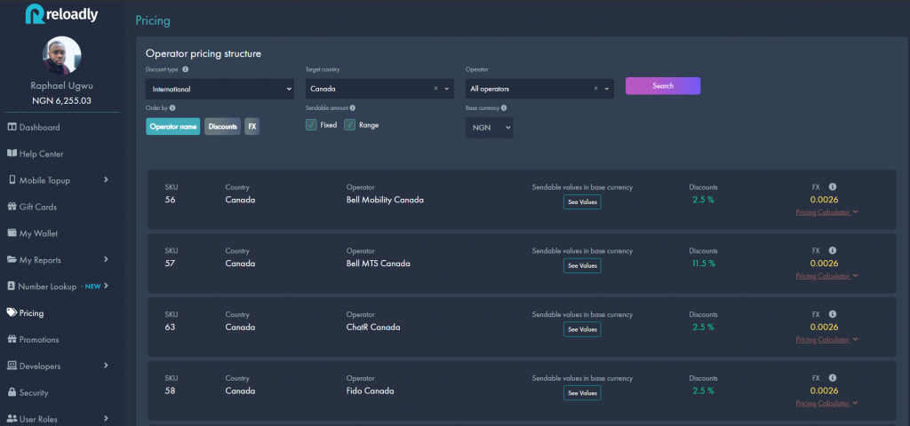 Reloadly airtime discount operator list and pricing structure